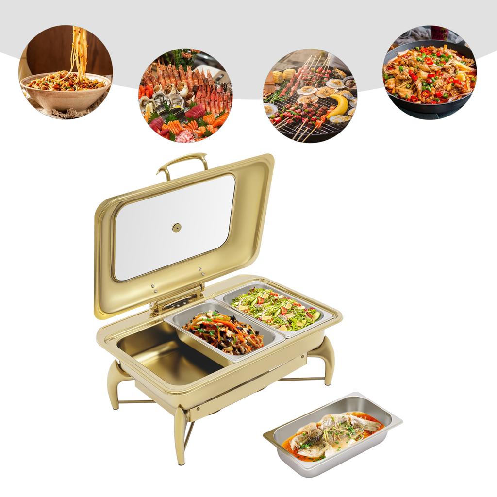 3 Fächer Edelstahl Buffetwärmer, Gold Rechteckiges Chafing Dish Buffet-Set Tischplatte 58*42*28cm für Hotels, Cafeterias