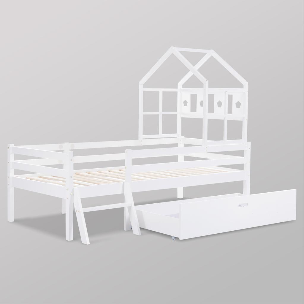 House Bed Children's Bed with Ladder and Drawers, incl. Slatted Frame, Solid Wood Loft Bed with Fall Protection 90x200cm White (without Mattress)
