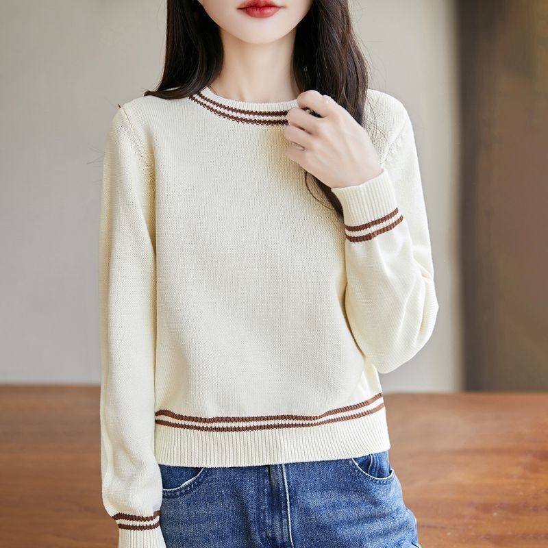 Round Neck Knitted Sweater for Women Loose and Slimming Versatile Sweater Base Knitted Top