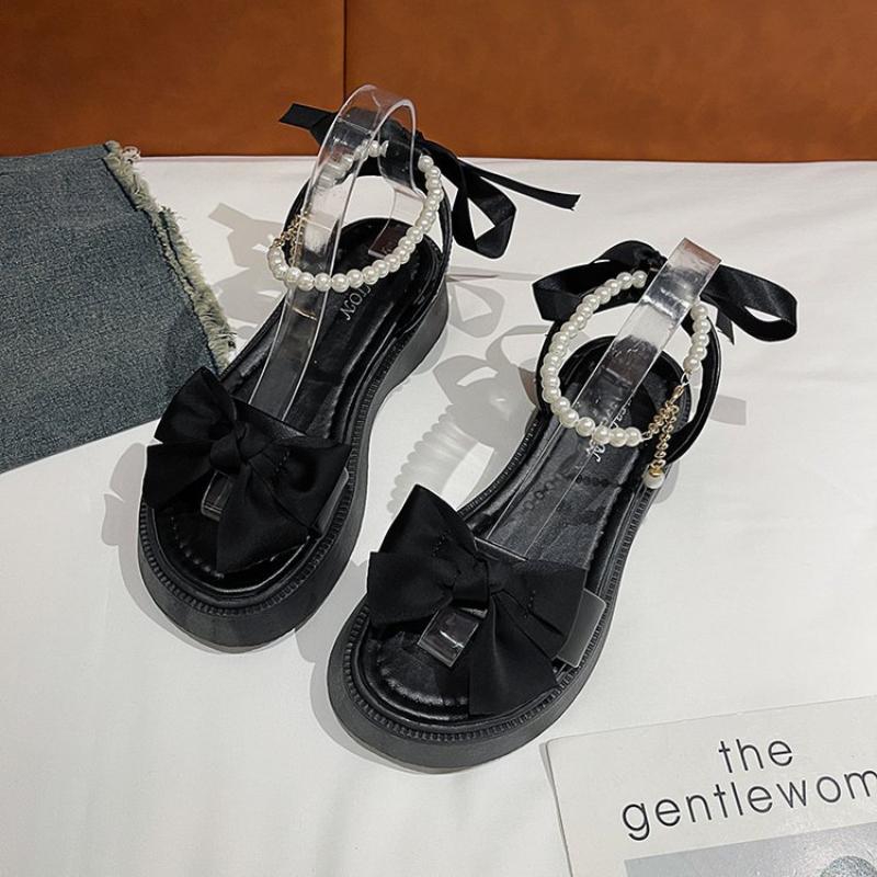 SyfIyno Bow Sandals Women's New Summer Sandals One Strap Thick Bottom Pearl Buckle Fashion Open Toed Roman Women's Shoes