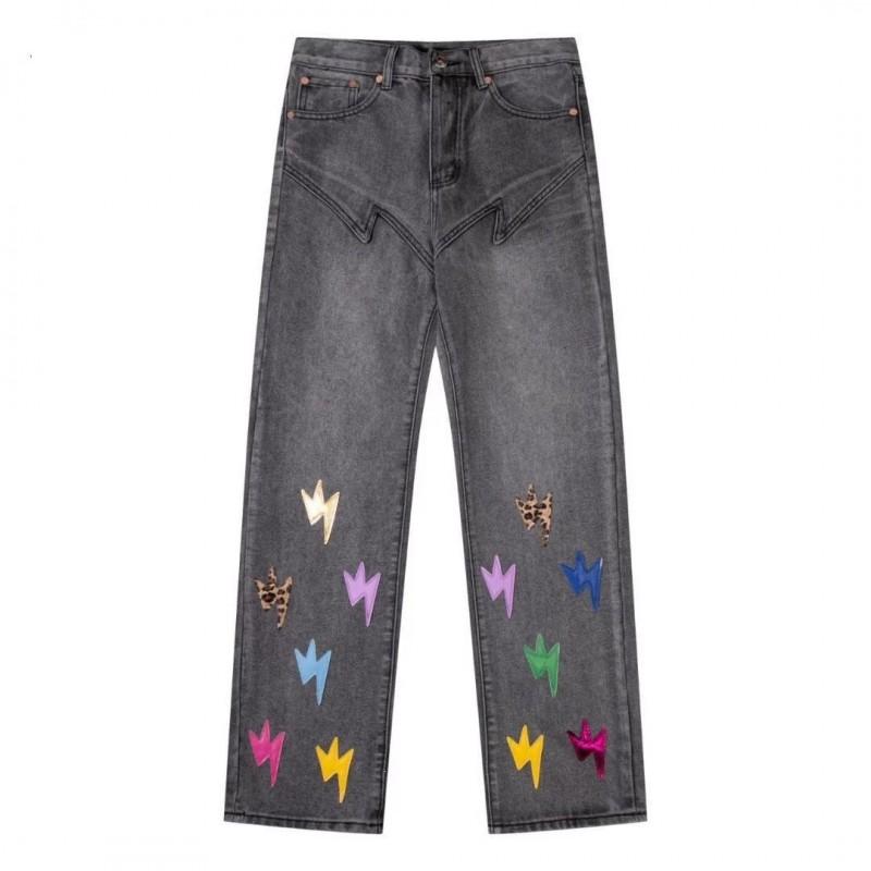 Mens Slim Fit Jeans Punk Style Distressed Printed Denim Pants Teens Casual Wear