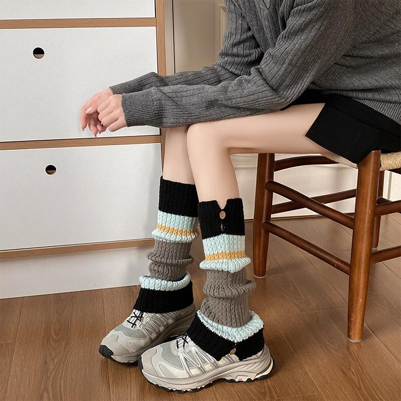 Autumn Winter Color Block Thicken Warm Leg Warners Knitted Wool Foot Covers JK Japanese Simple Harajuku Women Long Stockings New