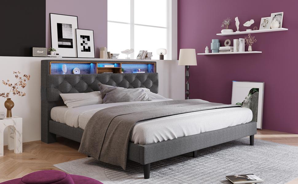 Upholstered Bed Double Bed Storage Headboard Bed with LED Lighting Bed Frame Slatted Frame made of Wood,140*200CM Grey (With Mattress)