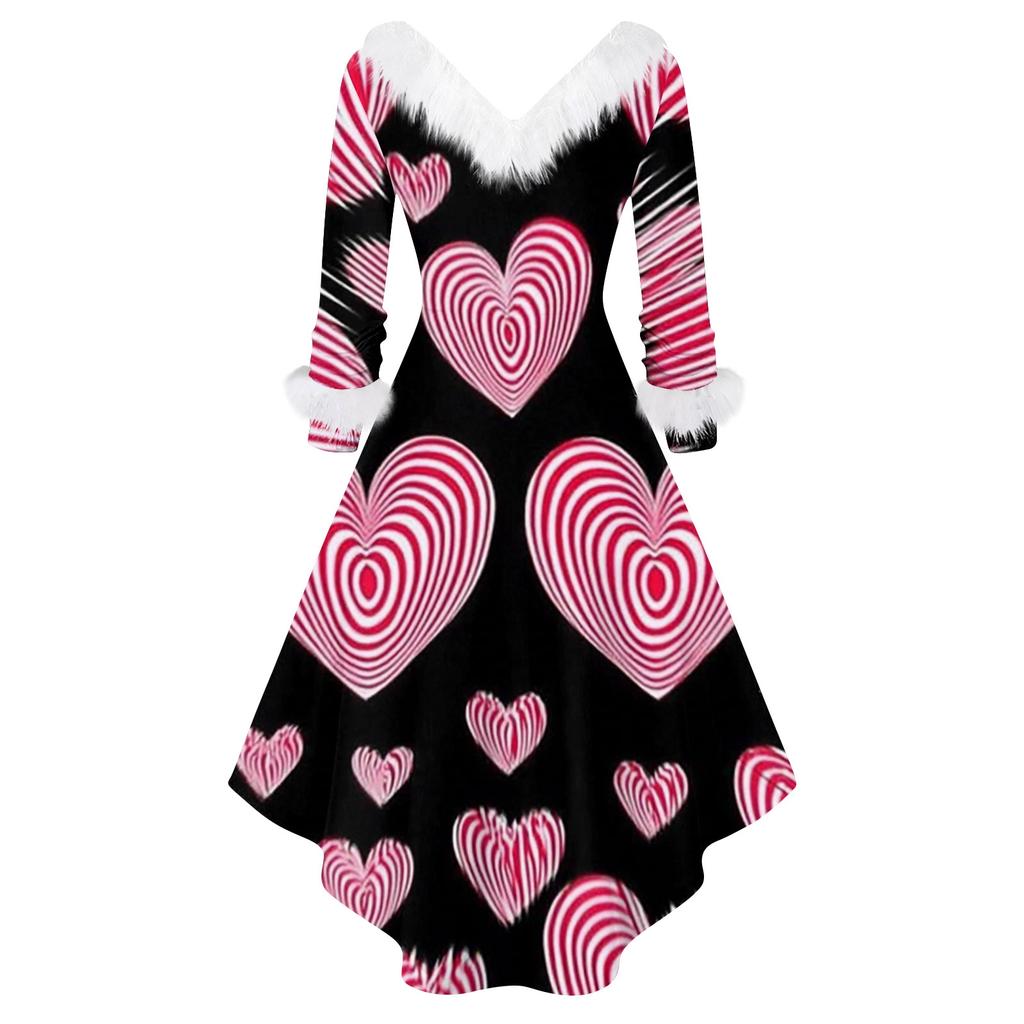 Damen stilvolles und elegantes langärmeliges V-Ausschnitt Kleid mit Valentinstags-Herzprint