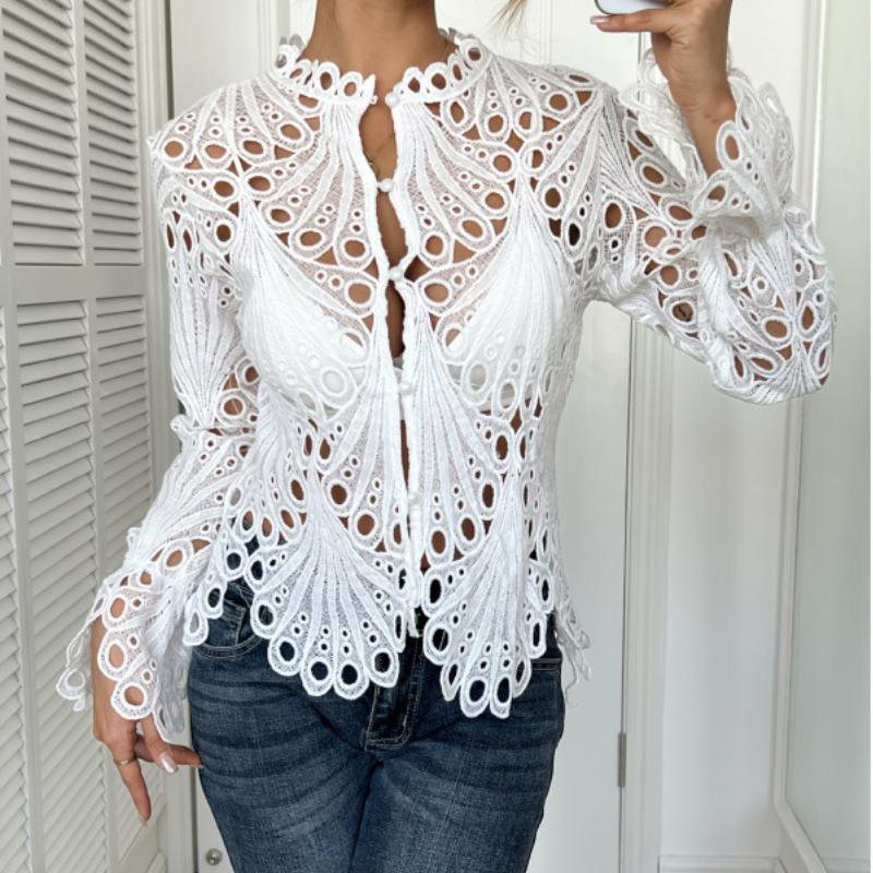 This Is A New Autumn Style of Fashionable and Sexy Cut-out Lace Stand-up Collar with Flared Sleeves and Breathable Knitted Lace Shirt