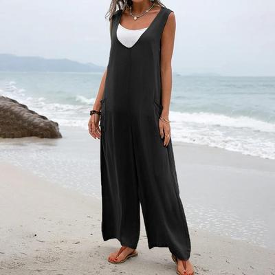 Combinaison d'été pour femmes, col en V, jambe large, entrejambe profond, sans manches, ample, couleur unie, poches latérales, pull décontracté, tenue quotidienne, pleine longueur