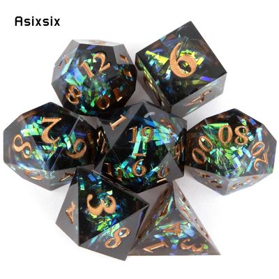 7 peças de resina verde escuro, número dourado, borda afiada, dados poliédricos, adequados para RPG, jogo de tabuleiro