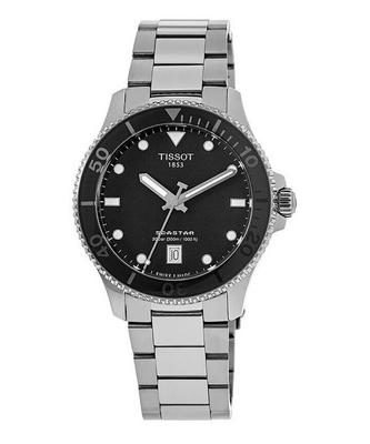 T-Sport Seastar 1000 nerūdijančio plieno juodo ciferblato kvarcinis naro T120.210.11.051.00 300M Unisex laikrodis