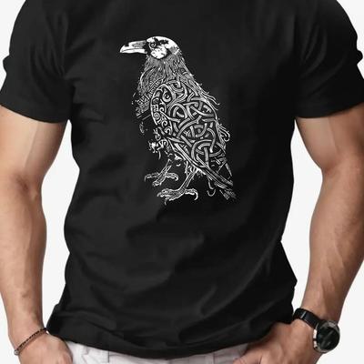 Men Raven Graphic Cotton TShirt Casual Crew Neck Short Sleeve Summer Tee with Intricate Crow Design Casual Attire