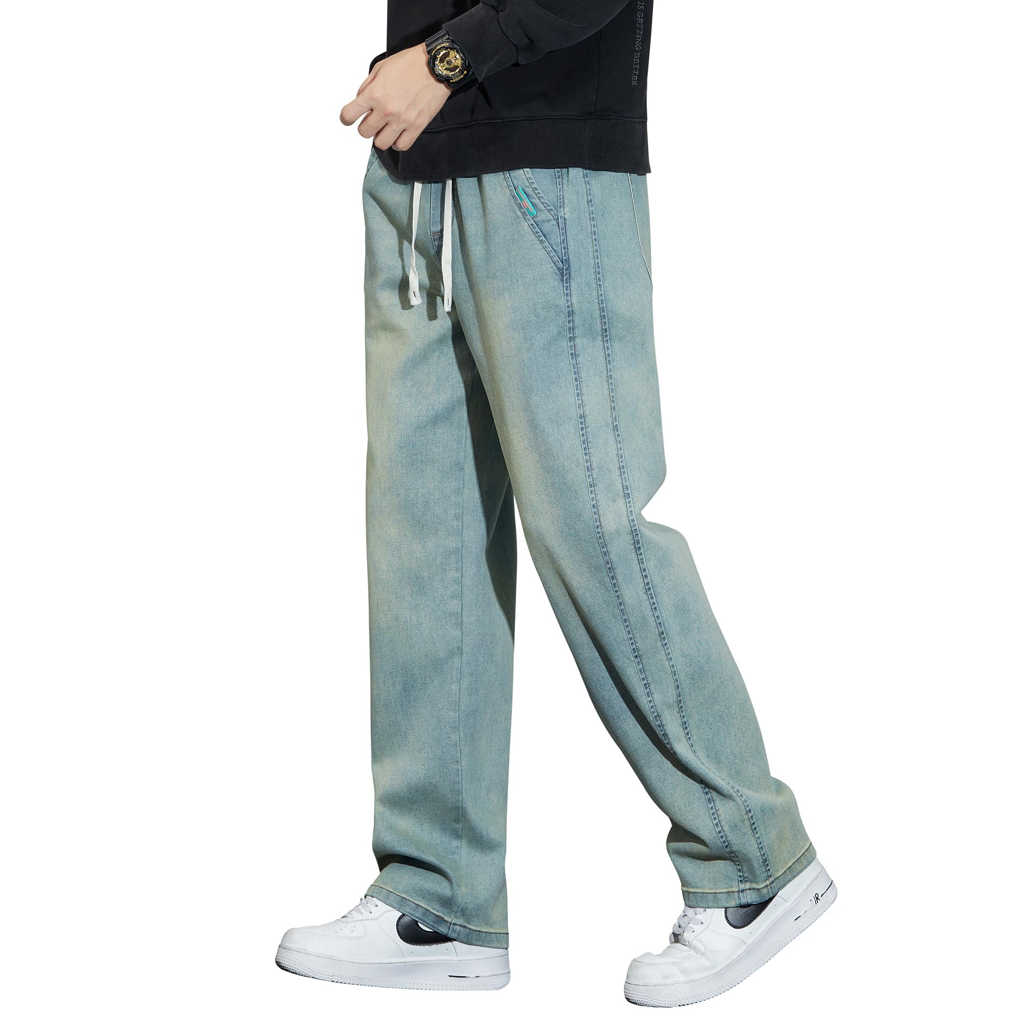 

W Wonyo Популярные Джинсы из Денима с Эффектом Потертости, Прямого Кроя, Стрейч, Эластичные, Удобные, в Американском Повседневном Стиле, Стильные, Винтажные, Крутой Наряд для и Размер