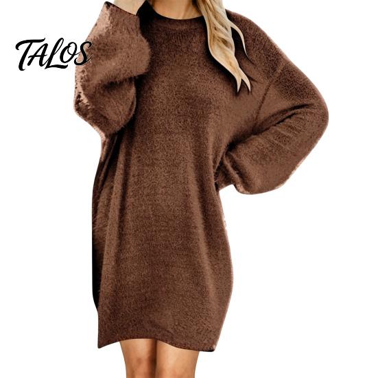 Lockeres lässiges Tunika-Kleid Damen Mini Oversize Pullover-Kleid, Langarm Rundhals Strickpullover Bequemes Herbst-Outfit Oberteil, Winter Uni M braun