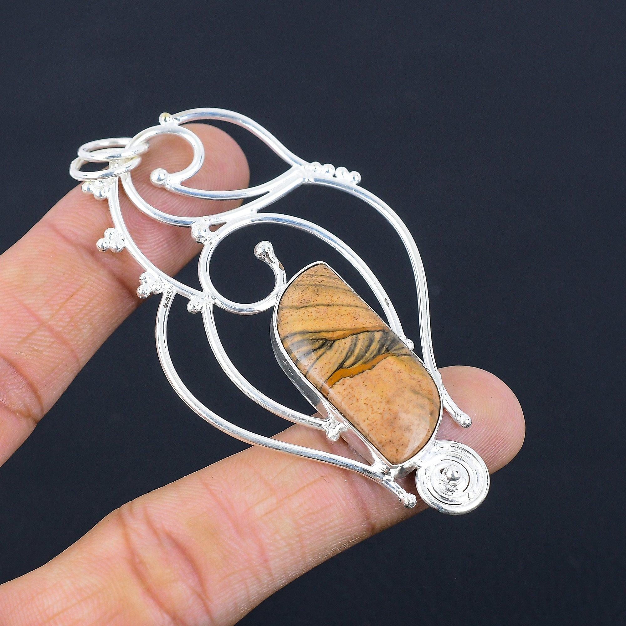 Marquise Picture Jasper Gemstone Bezel Wife Artisan Pendant Jewelry 925 Silver