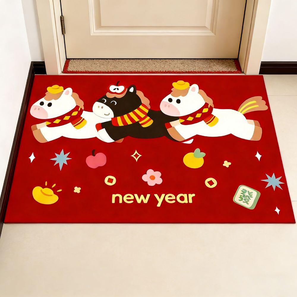 New Horse Pattern New Year Door Mat Red Door Carpet Soft Water Absorption Foot Mat Home Decorations