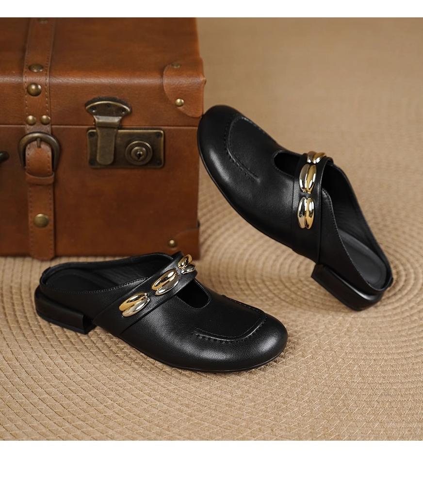 French Inner Heightening Bag Head Half Slippers Women's 2025 New Summer Leather with Mary Jane Shoes Sandals Lazy Drag