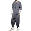 Set 2 Pezzi/Set Abito Stile Cinese Girocollo Fibbia a Disco Mezza Abbottonatura Maniche 3/4 Top Pantaloni Lunghi Set Tinta Unita Abito da Uomo