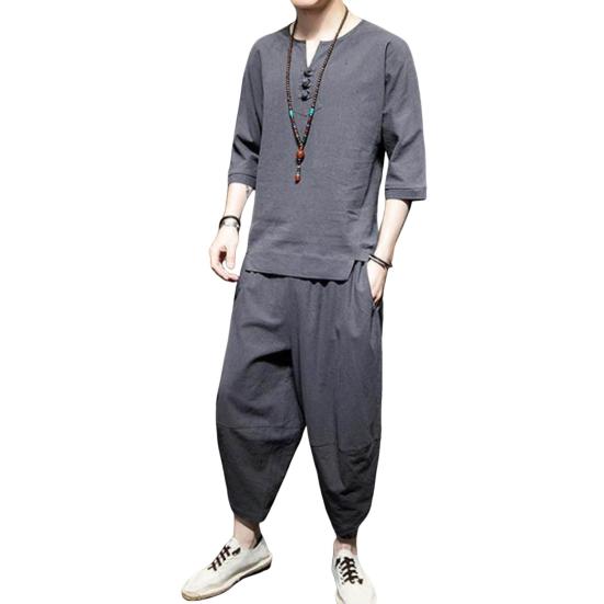 Set 2 Pezzi/Set Abito Stile Cinese Girocollo Fibbia a Disco Mezza Abbottonatura Maniche 3/4 Top Pantaloni Lunghi Set Tinta Unita Abito da Uomo