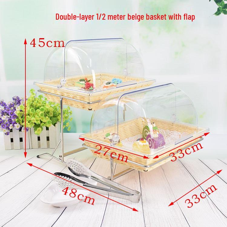 Double-Layer Rattan Bread Basket with Lid - Dessert Display Stand & Pastry Rack for Egg Tarts & Fruits