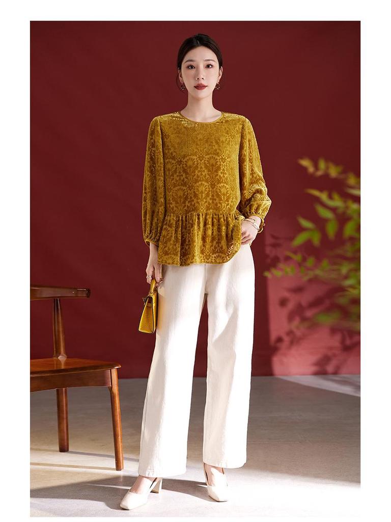 Damtopp med lång ärm i sidenvelour - Ungdomligt kinesiskt lapptäcksmönster, Rundhalsmodell