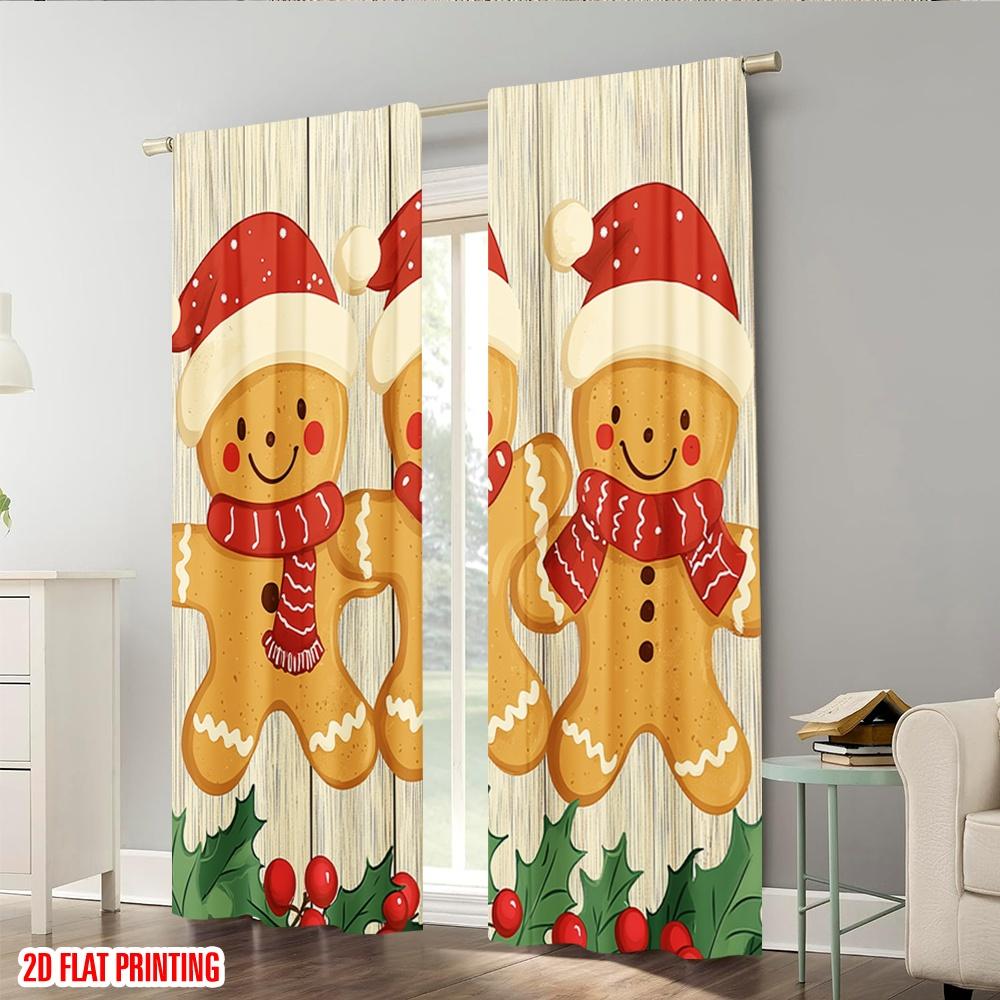 Plane Printing Curtains Gingerbread Friends Christmas Holly Polyester Without Rod Festive Light Filtering Set Of 2 Made