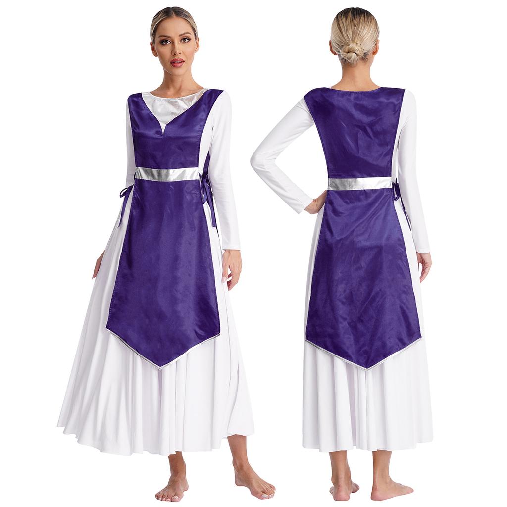 Womens Church Worship Robe Choir Performance Tunic Metallic Patchwork Lace-Up Sides Split Satin Dress Dancewear