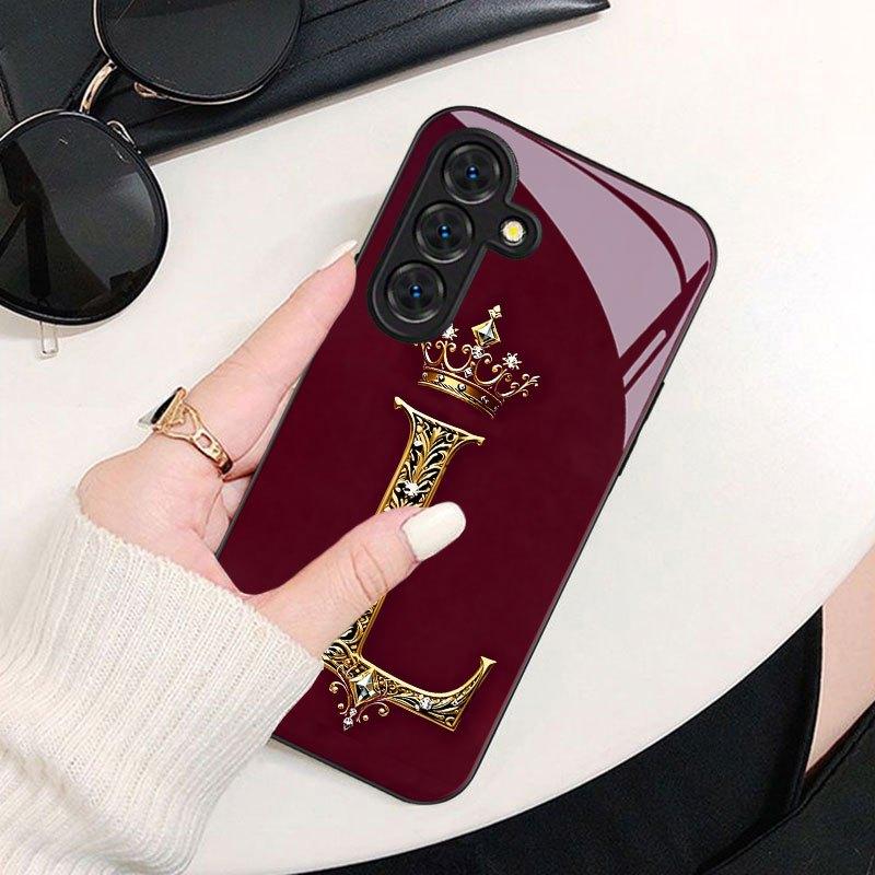 Gold Crown Letter L Pattern Glass Phone Case for Samsung Galaxy S26 S25 S24 S23 S22 S21 S20 FE Ultra Plus 5Ganti-fall Back Cover