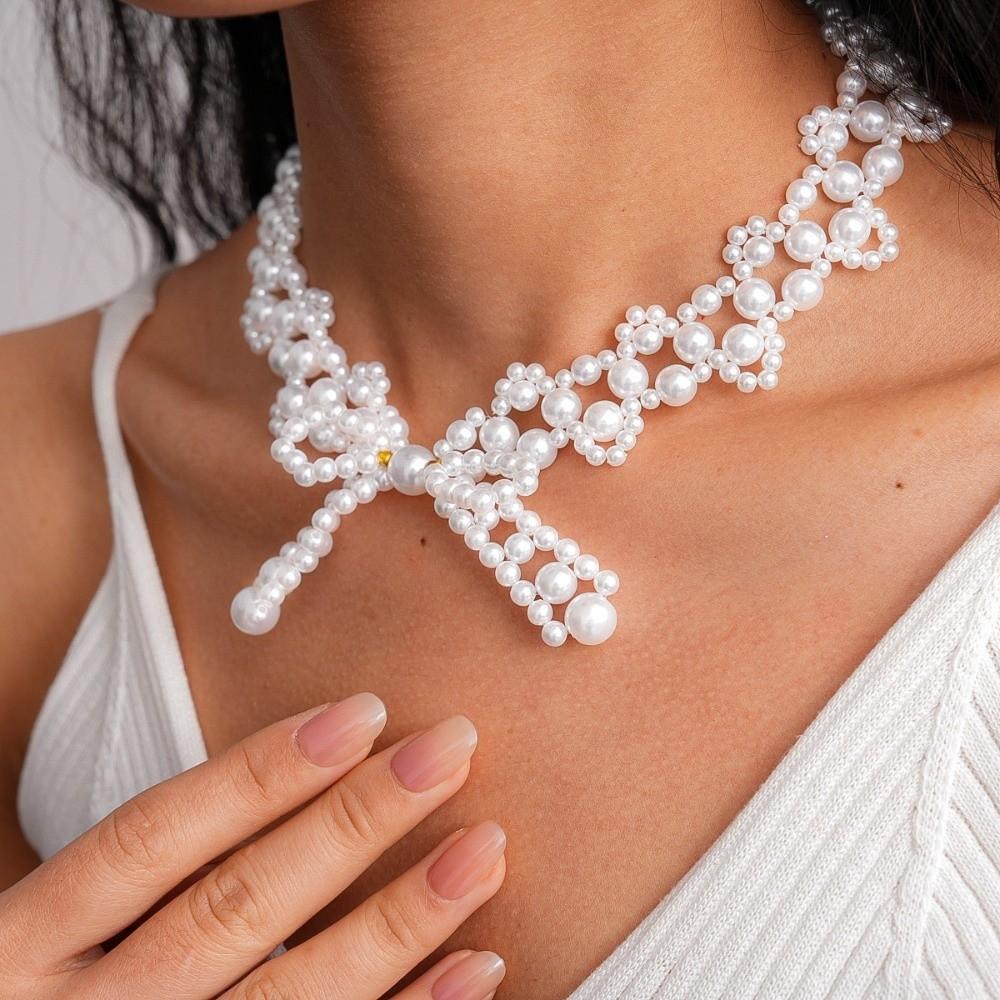 Imitation Pearl Clavicle Chain Women Bead Collarbone Chain Fashion Bow Necklace  Girls