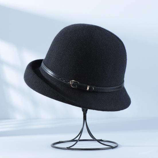 Basin Hat British Style Woolen Casual Hat with Rolled Brim Faux Leather Strap Women Autumn Winter Urban Hat