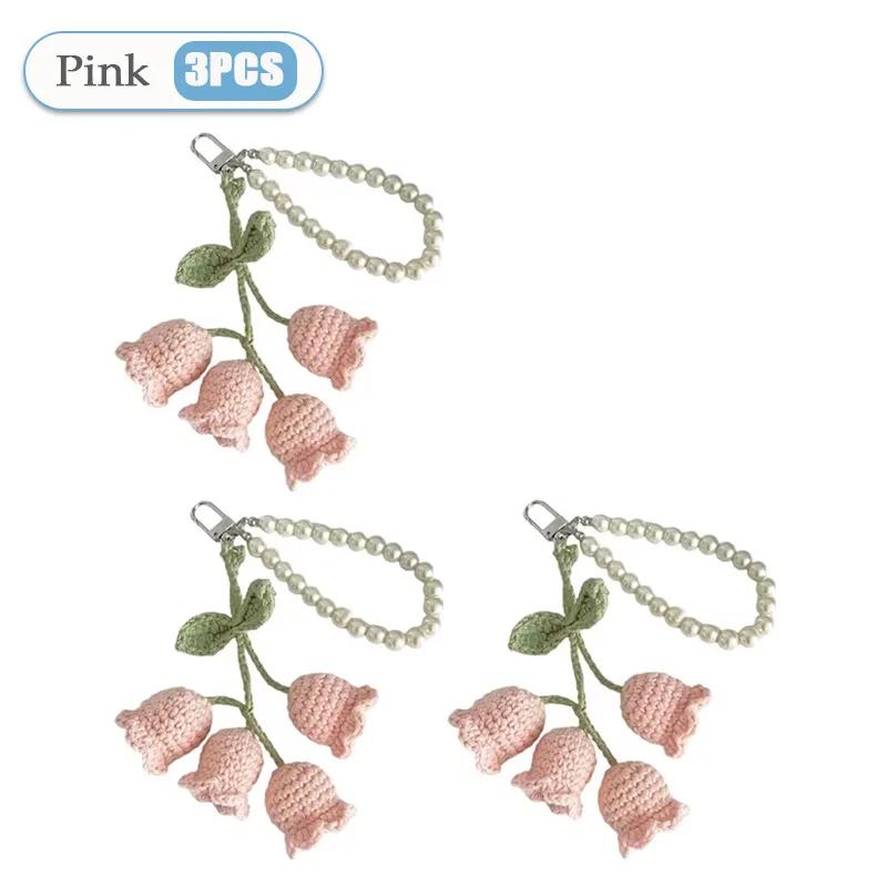 1-20PCS Creative Wool Crocheted Bolling Orchid Key Ring Ins Cute Girl Pearl Chain Key Chain Handmade Knitted Bag Pendant Gifts