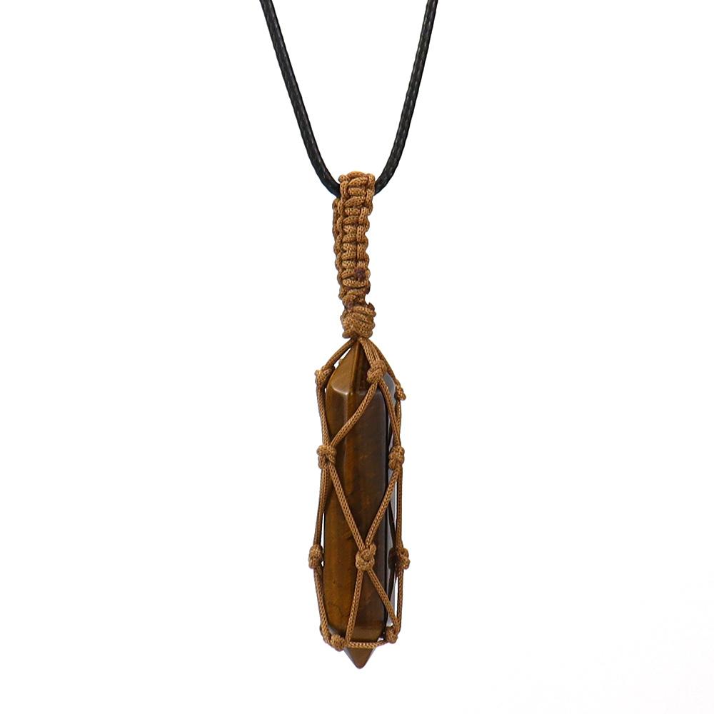 Hand-Woven Double-Pointed Hexagonal Prism Crystal Rough Stone Natural Stone Brown Mesh Pocket Necklace N712