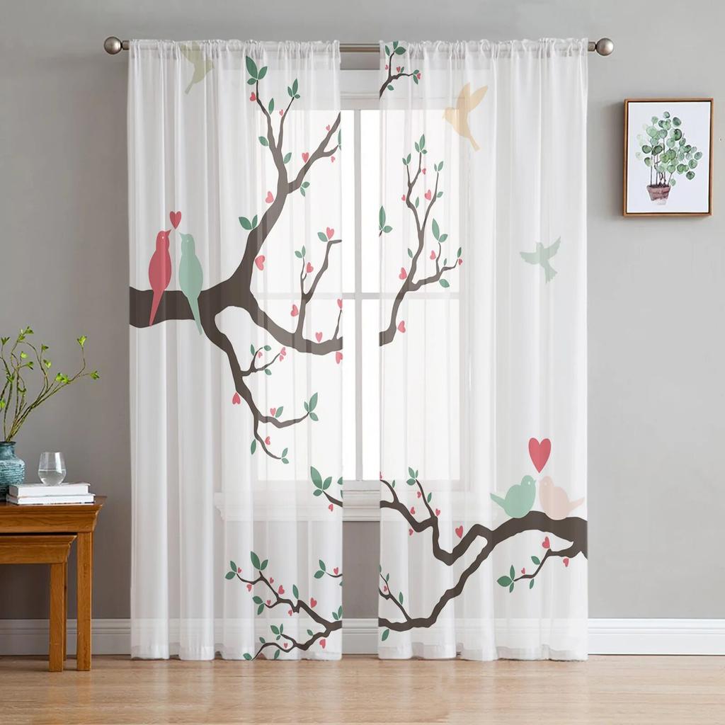 Birdie Leaves Plant Animal Modern Tulle Curtains For Living Room Bedroom Home Kitchen Window Sheer Curtains