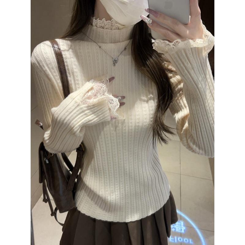 Premium semi-turtleneck lace knitted sweater inside, autumn and winter slim-fitting and thin top, bottom sweater women
