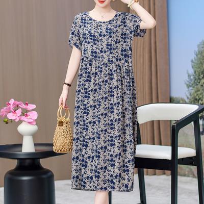 Elegant Dresses for Women Plus Size Loose Casual Vintage Print Long Dress With Sleeves Summer Middle-aged Women's Clothing