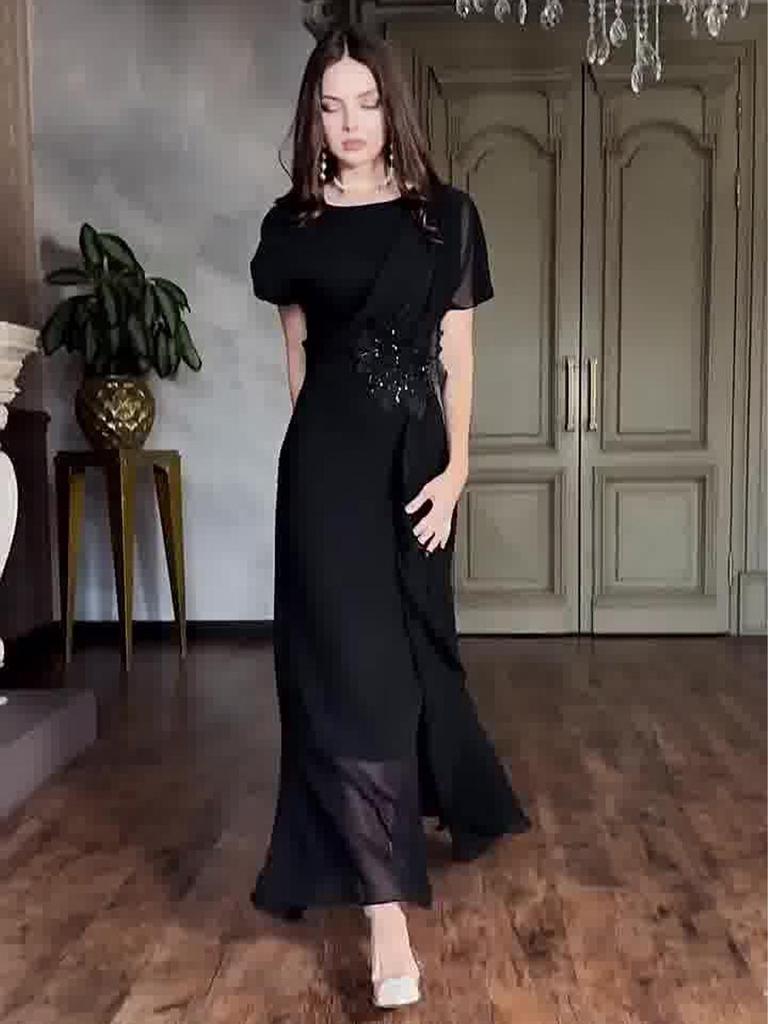 European & American 2025 Spring Elegant Luxurious Short Sleeve Waist-cinching Long Dress