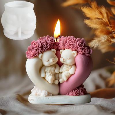 Molde de Silicona Vela Oso de Amor Lindo Flor de Rosa Animal Oso Molde de Resina Epoxi Oso Flor de Amor Moldes de Yeso Regalo de San Valentín