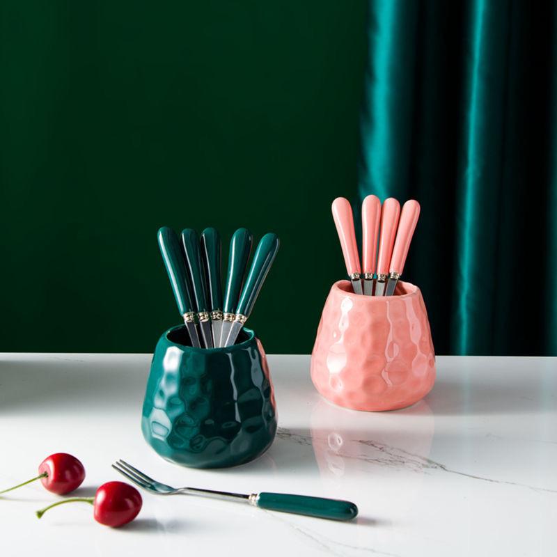 6pcs Fork and Storage Can Set Simple Nordic Style Fruit Fork Dessert Fork Tableware Practical Kitchenware