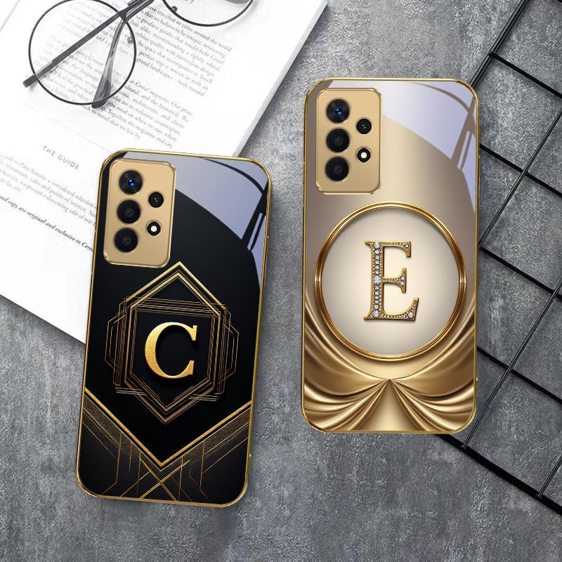 Gorgeous letter gold "R" For Samsung A 01 52S A04 A05S A10 A12 13 22 23 24 36 42 M02 Note 10 20Ultra 8 9 Golden glass phone case