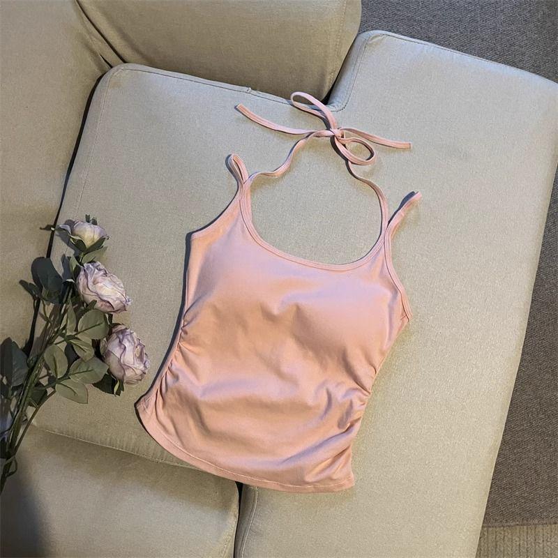 Women's Ruched Halter Neck Camisole with Built-in Bra - Versatile Summer Top for Girls