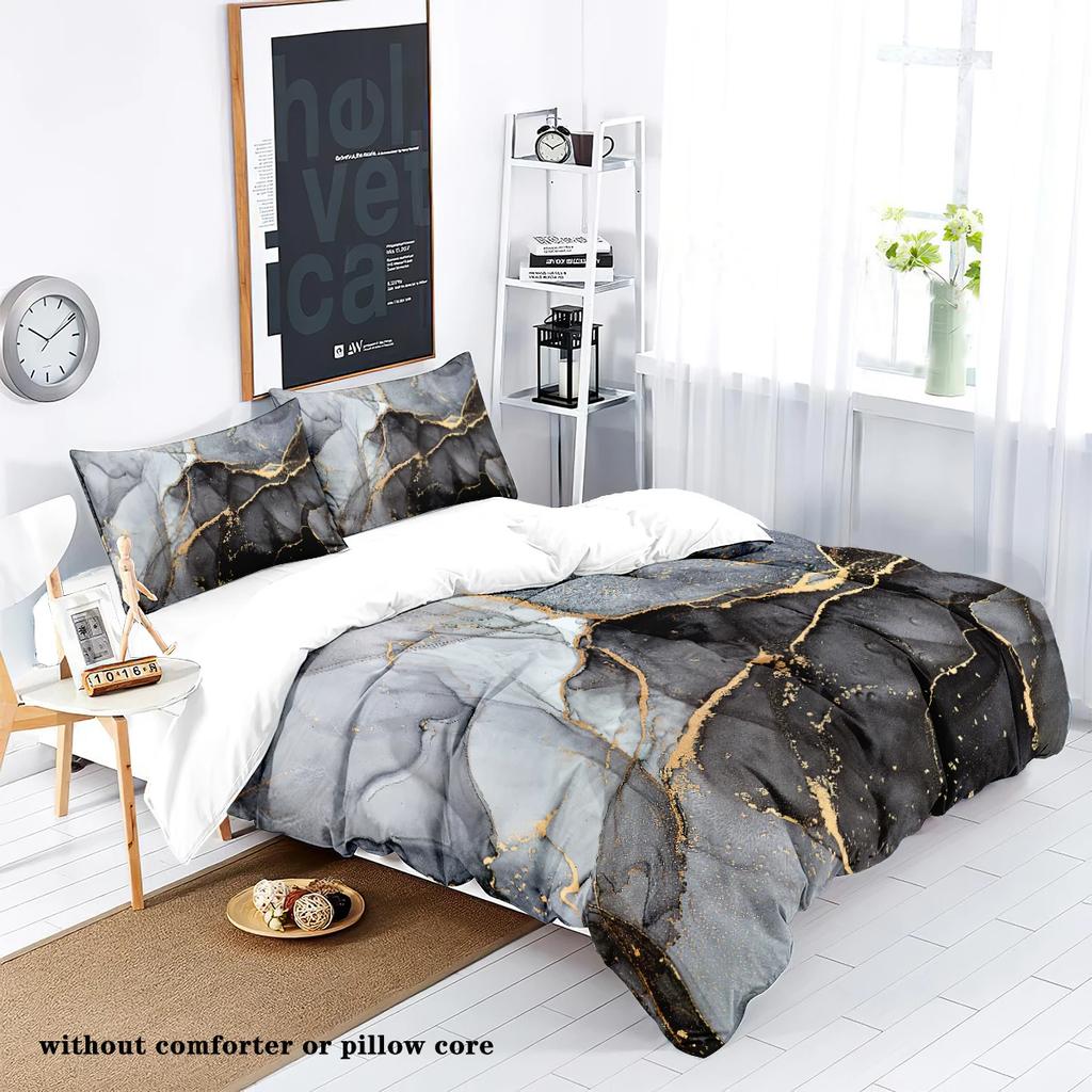 3 Piece Down Set with Gray Marble Pattern Print (1 Down Duvet Cover+2 Pillowcases, Without Core), Soft Bedding Set