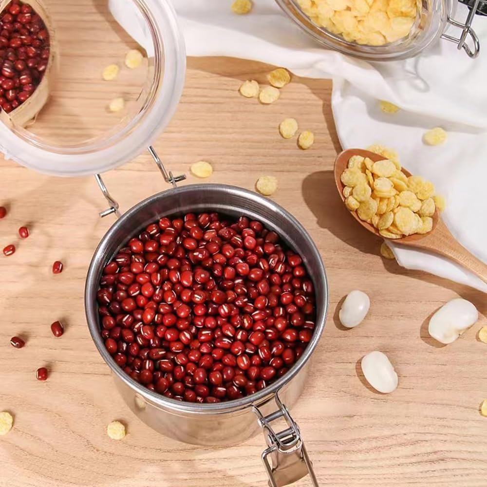 Stainless Steel Canister, Airtight Food Storage Container with Locking Clamp Clear Lids, Food Storage Coffee Beans Canister for Flour Tea Sugar Rice