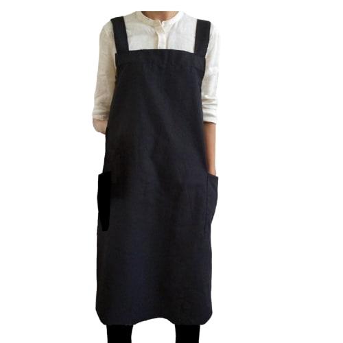 

med358 100% Cotton One-Piece Apron, Simple, Long Length, H-Shaped, X-Shaped, Solid Color, Perfect for Going Out, with Pockets, Perfect for Nursery Tea