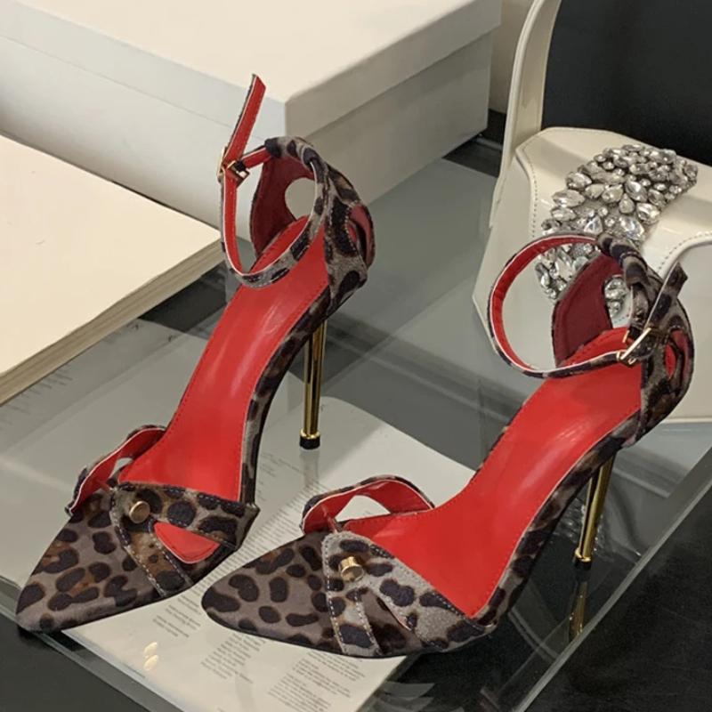 Metal Decoration Lace-Up Pointed Toe Thin High Heel Women Sandals Fashion Dress Shallow Mouth Narrow Band Stripper Pumps Size 41