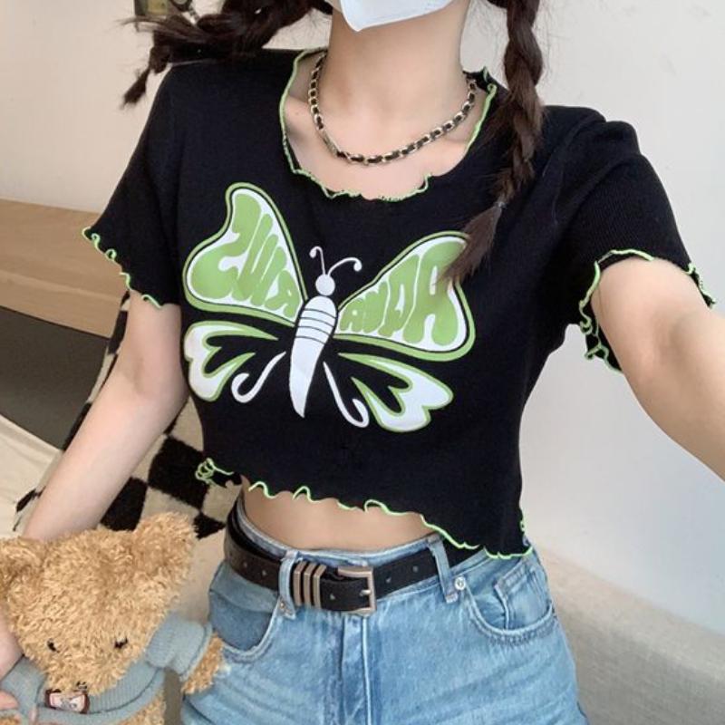 Design Sense Spicy Girl Printed Fungus Edge Exposed Navel Knitted Short Sleeved T-shirt for Women's Summer Versatile Clothes