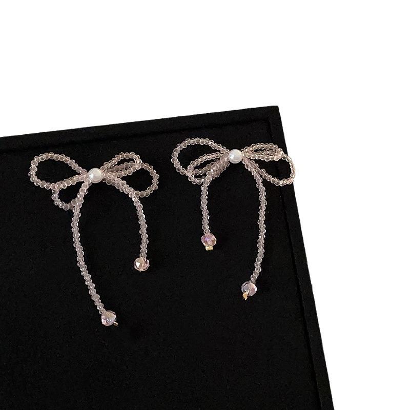 Pink Crystal Bow Fringed Stud Earrings Women'S Light Luxury High Sense Personality Unique Exquisite Fashion Earrings