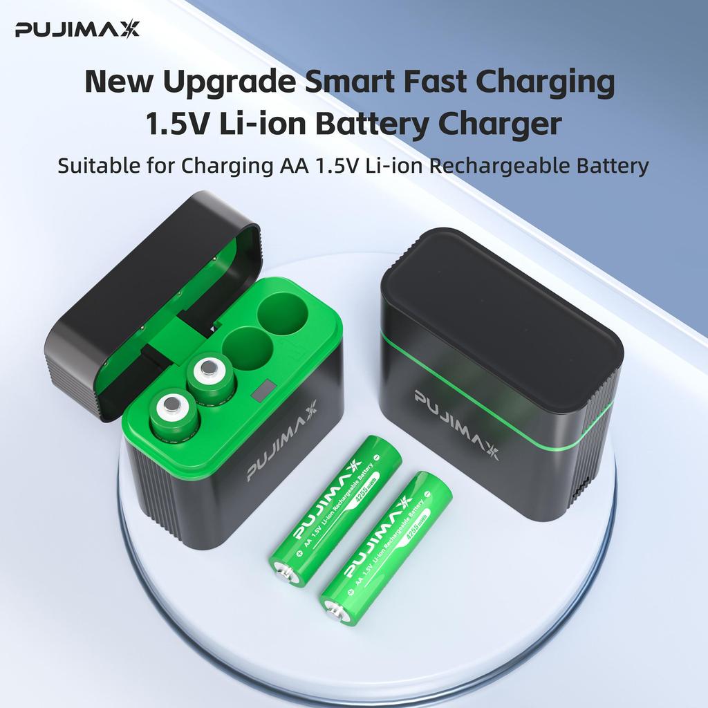 PUJIMAX AA 1.5V Li-ion Battery Charger with 4x 4255mWh Batteries, Type-C Smart Fast Charging
