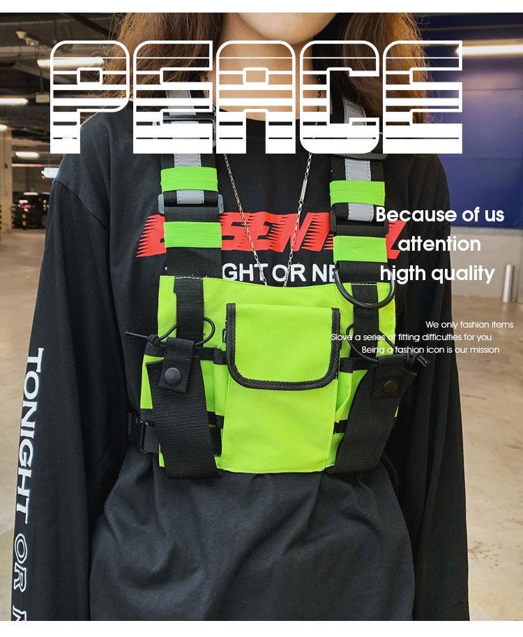 Vestă tactică reflectorizantă cu buzunare multiple unisex Hip-Hop Street Style și geantă pentru piept