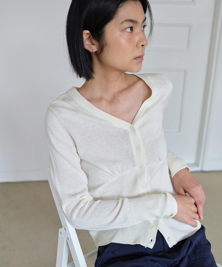 AHWE Silky V-Neck Shirred Cardigan_Ivory