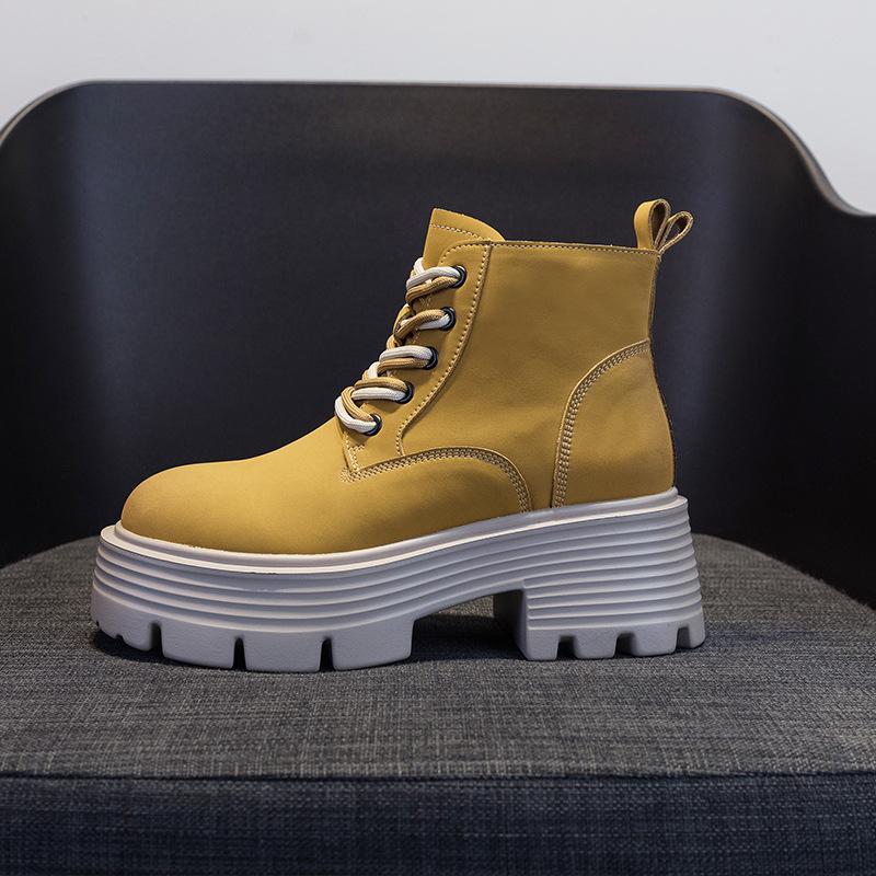 Women's British-Style Thick-Soled Lace-up Worker Boots Casual Height Increasing Insole Leather Shoes