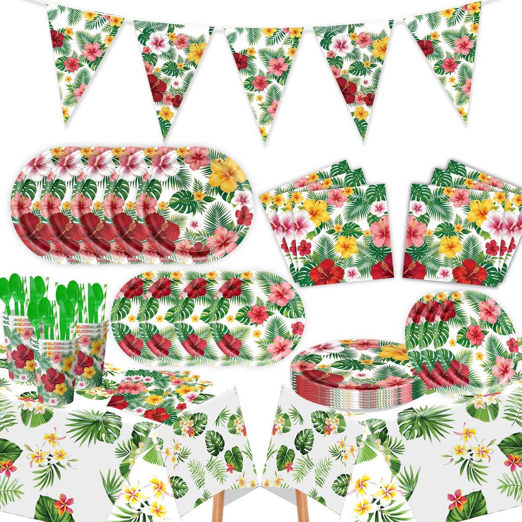 Hawaiian Leaf Summer Party Paper Plates, Napkins, Flags & Hanging Swirls Tableware Set