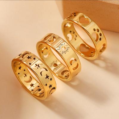 Titanium Steel Jewelry Cut Hollow Cat Claw Star Moon Ring Fashion Design Stainless Steel Ring Set