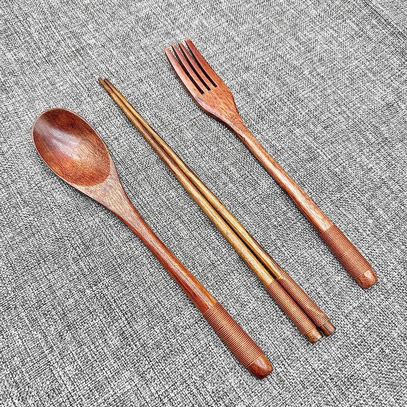 Phoebe Wood Spoon, Fork, and Chopsticks Set - Portable, Wrapped, and In Stock for Household Use